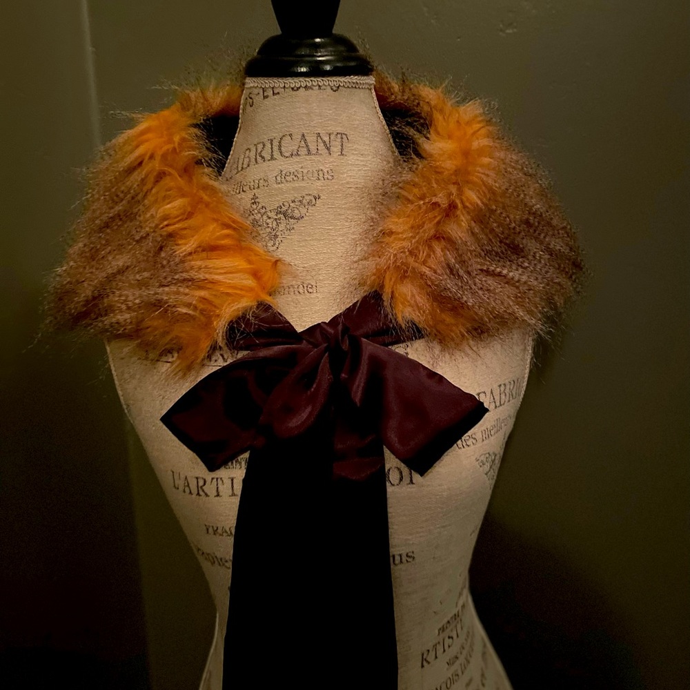 Camel colored Faux Fur Collar With Brown Satin Ribbon. Neck Warmer/ Stole/Shawl